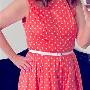 Lovely orange polkadot dress zipper back; white skinny belt